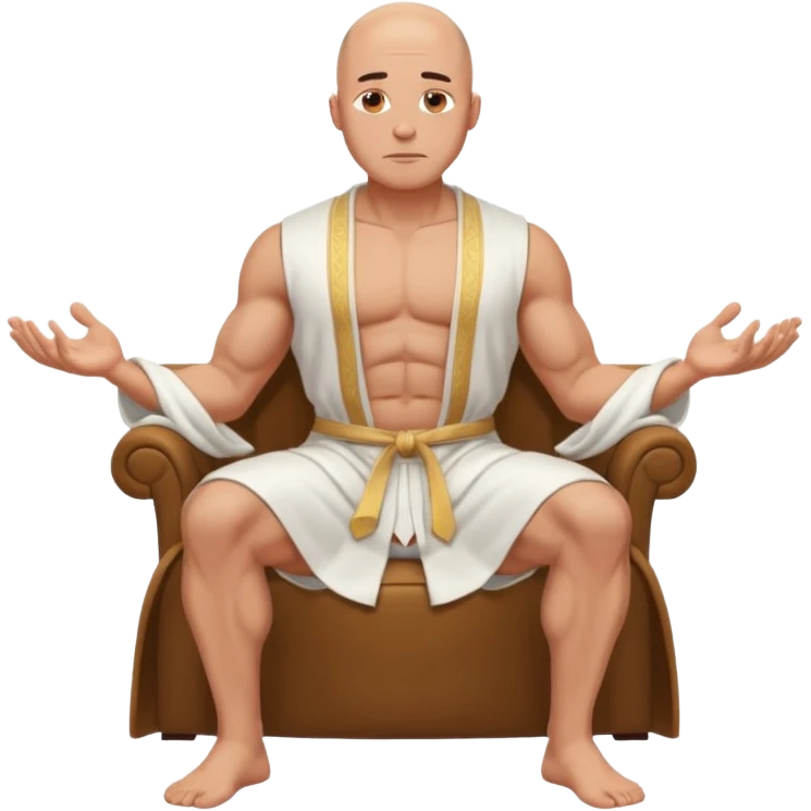 fullbody jacked bald guy, sleeveless and unbuttoned in full white robe sitting without chair and hands down emoji