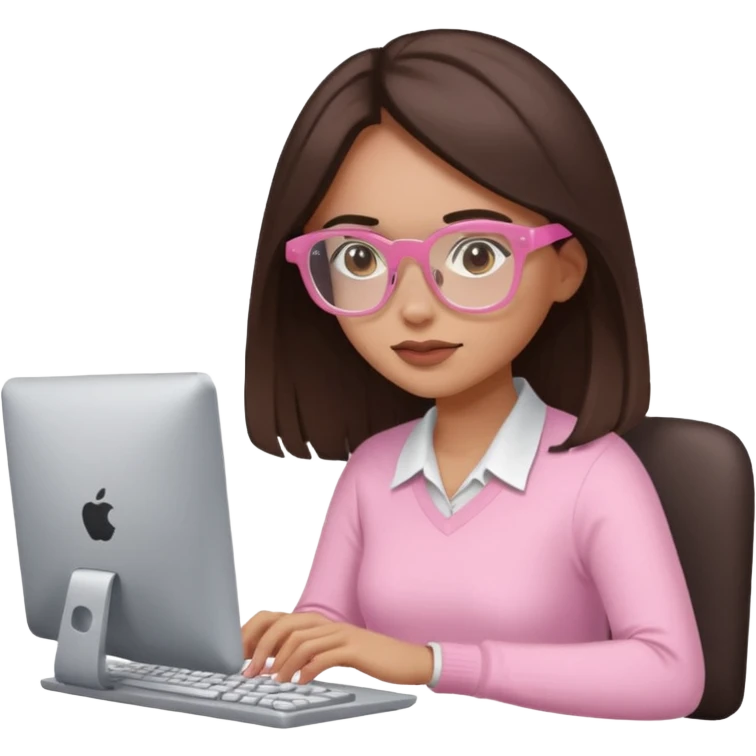 woman emoji with light pink glasses working on computer, light skin, long dark brown hair emoji