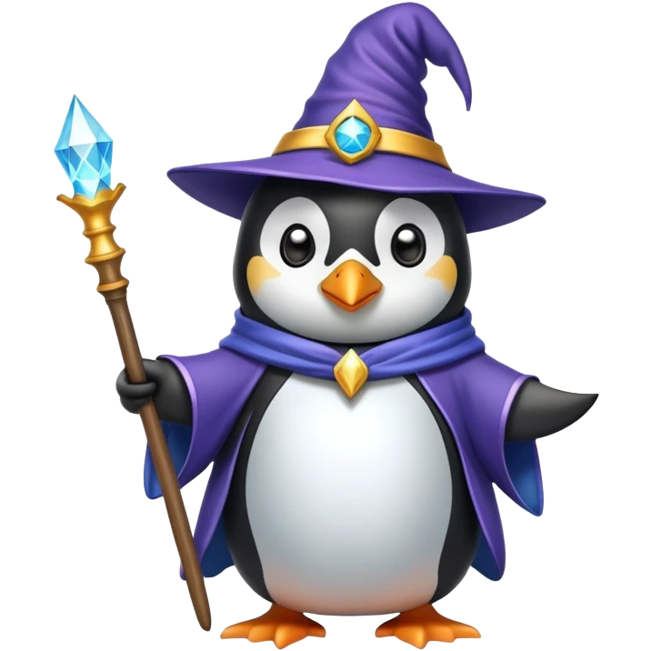 penguin dressed as a wizard with magic wand and wizard hat emoji