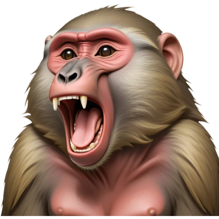 Cinematic Realistic Cute Yawning Baboon Portrait Emoji, Head tilted slightly with a dramatic, wide-open yawn, showcasing a soft, textured face with gently drooping features and half-closed, drowsy eyes, rendered with lifelike natural detail and warm shadows, high shine, relaxed yet expressive, styled with a dash of wild charm, soft glowing outline, capturing the essence of a sleepy yet affectionate baboon that appears ready to stretch out for a hearty nap! emoji