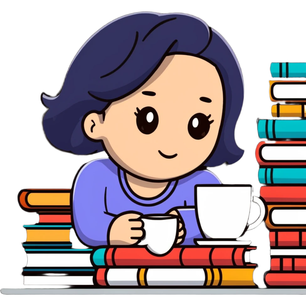 Tired girl cramming for exams with books and coffee emoji