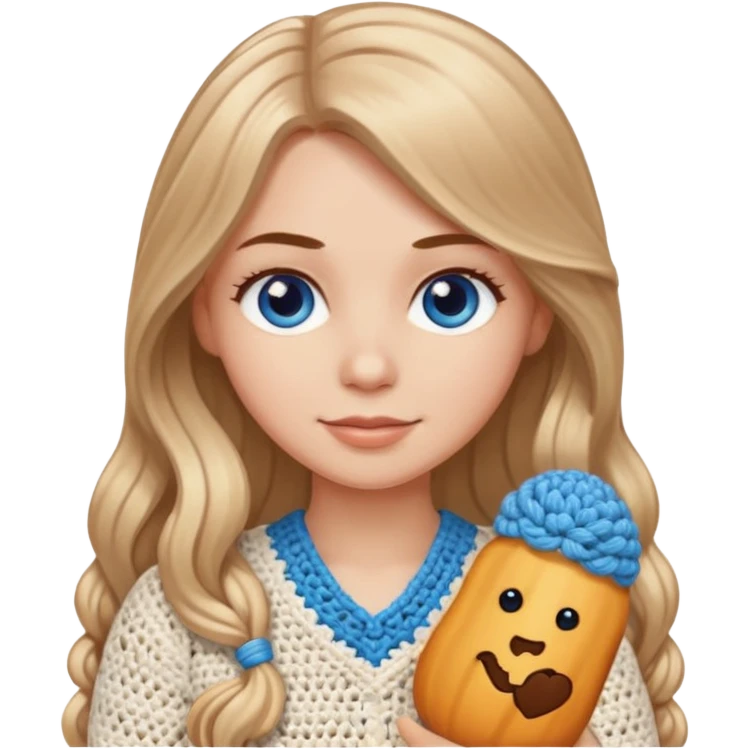 White Girl with long light brown slightly blonde ish hair and blue eyes who likes crocheting emoji