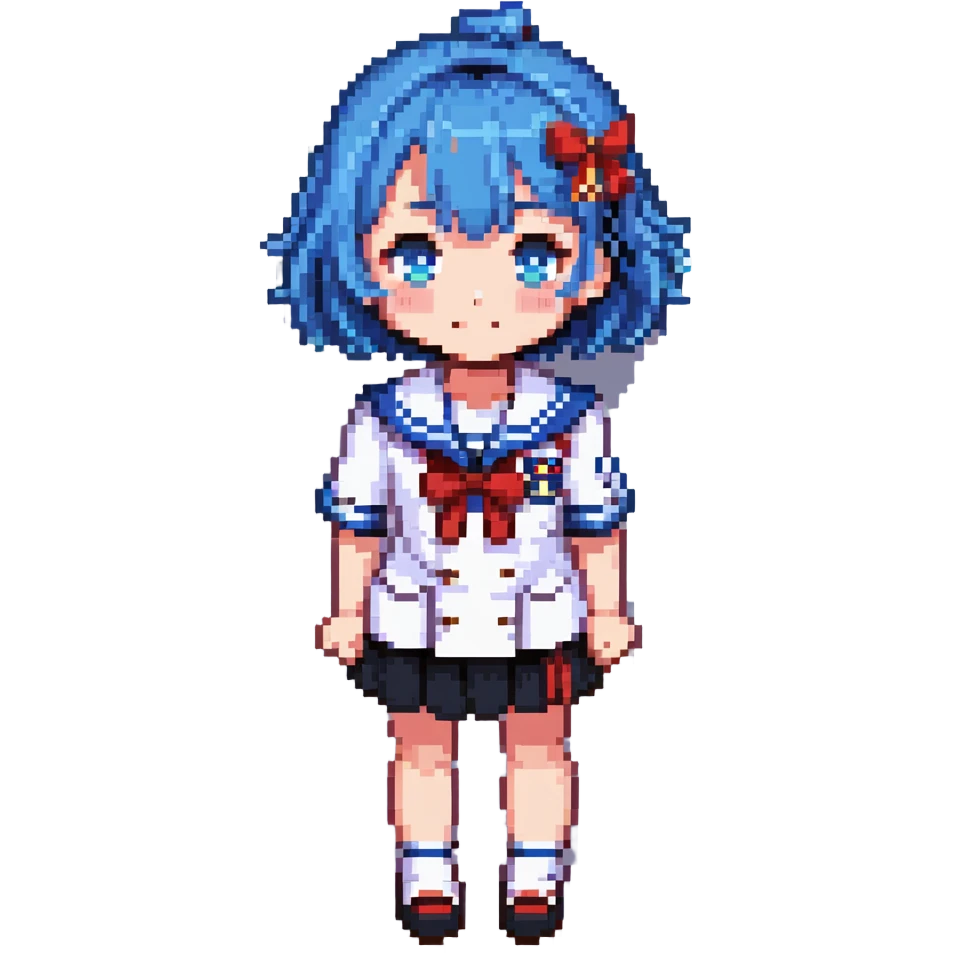 Pixel art anime girl with short bright blue hair wearing Japanese sailor style school uniform, trying to look confident with hand on hip but shyly waving with other hand, blushing cheeks and avoiding eye contact emoji