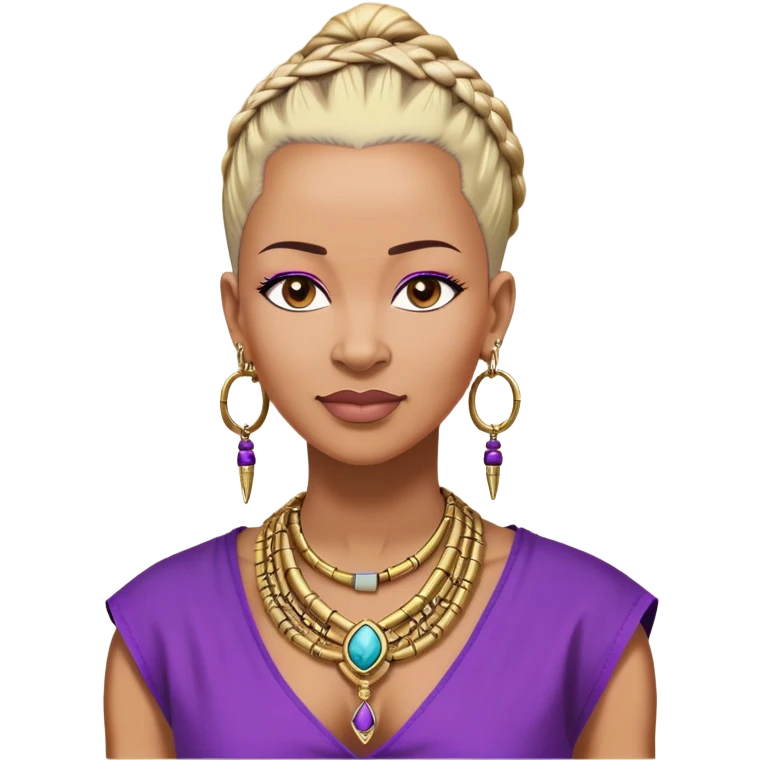 African american 57yr old ,  woman who is 5ft 6in with a blonde and black mohawk of individual braids, with low shaved side haircut,
wearing a purple,  dashiki, with an gold  necklace of Draya inscribed,  wearing big gold bamboo earrings in ears with the name engraved of Draya emoji
