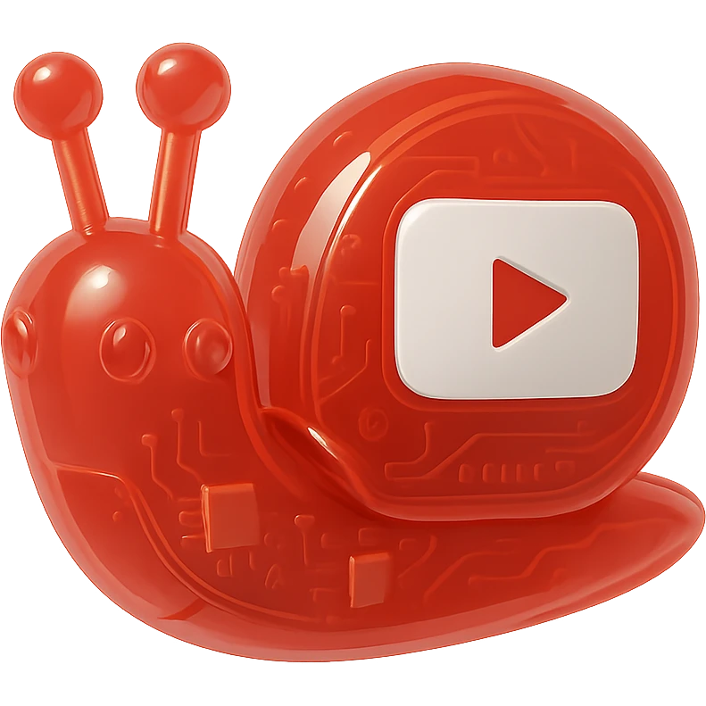 red robot snail with YouTube play button, glossy circuit style emoji
