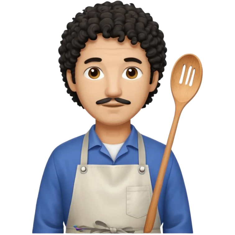 homme 50 ans cheveux frisé noir artiste peintre avec tablier d'art emoji