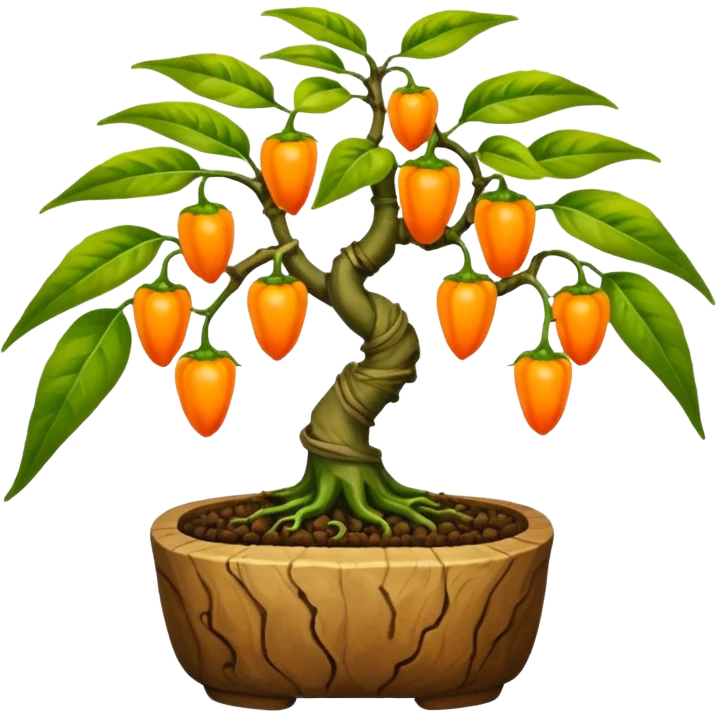 Very Large decorative gnarled bonsai pepper plant with tiny round orange-yellow peppers on it  emoji
