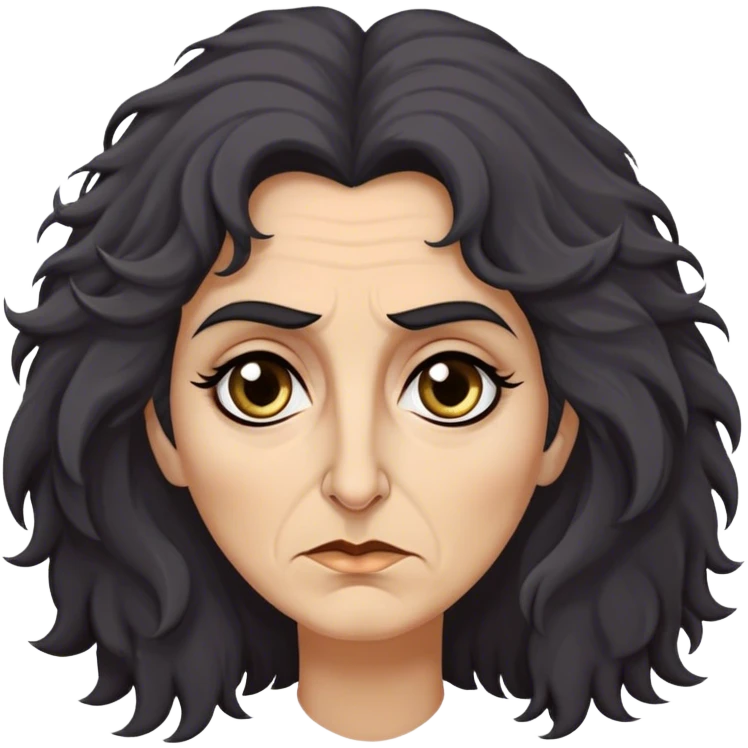 Mirri Maz Duur is a weathered, age 50 woman with deep-set dark eyes, high cheekbones, and a sharp nose, giving her a stern, knowing expression. Her long, unkempt dark frizzy hair  falls loosely over her shoulders emoji