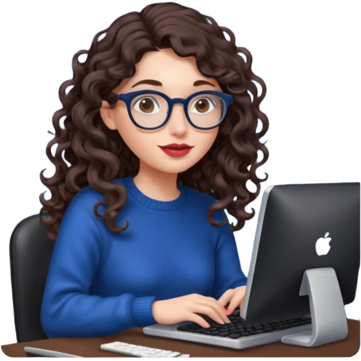 a white young woman with very long wavy dark brown/chocolate hair with curls at the end of her long hair typing in a computer. she's using round glasses, her lips are light red and her cheeks slightly pink. Her eyes are dark brown. She's using a dark blue knit sweater  emoji