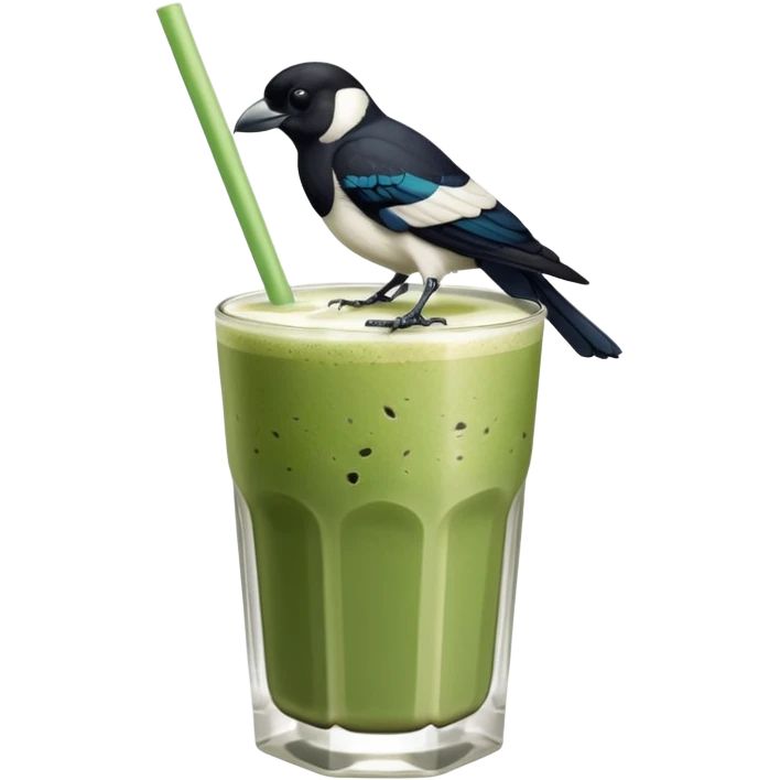 It’s an Australien Magpie sitting on an iced matcha latte on the edge of the glass. It has green matcha on its beak indicating it drank. The iced matxha latte is in a see through glass and white from the oat milk on the bottom and green on top…and there is a straw in the drink and ice cubes emoji