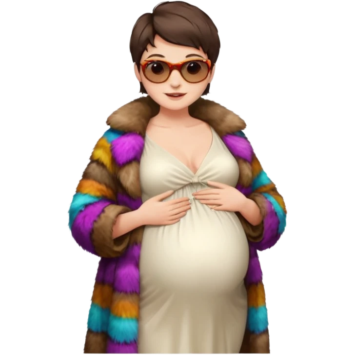 pregnant stylish woman with short pixie brunette hair happily touching her big belly while wearing white dress and fancy brown fur coat and colorful shades emoji