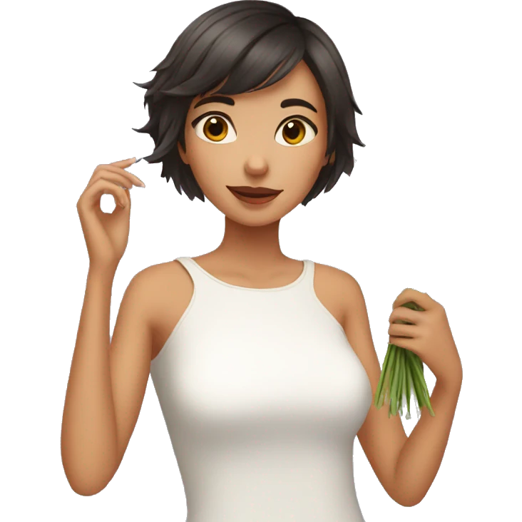 girl taking mirror selfie holding flowers short hair emoji