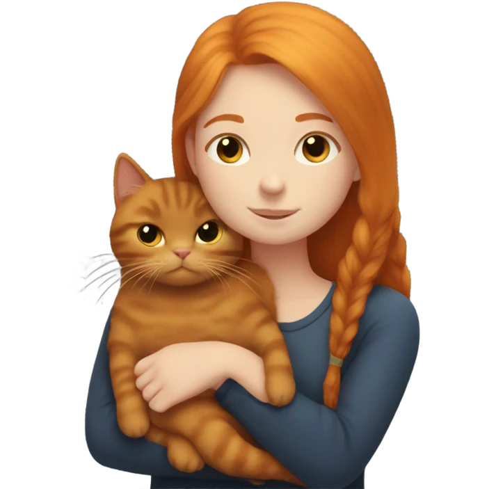 Ginger girl with straight hair cuddling with a very fluffy black cat  emoji