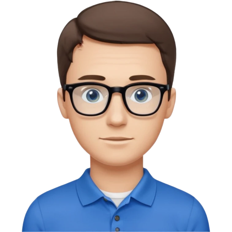Scott The Woz Young white man, late 20s, short brown hair, blue eyes, clean-shaven, thin black rectangular glasses, slim build, wearing a blue polo shirt, friendly and energetic look. emoji