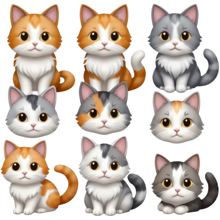6 realistic looking cats with different natural coloured coats, assorted grey and white, greys, calico, brown and white colours etc
 emoji