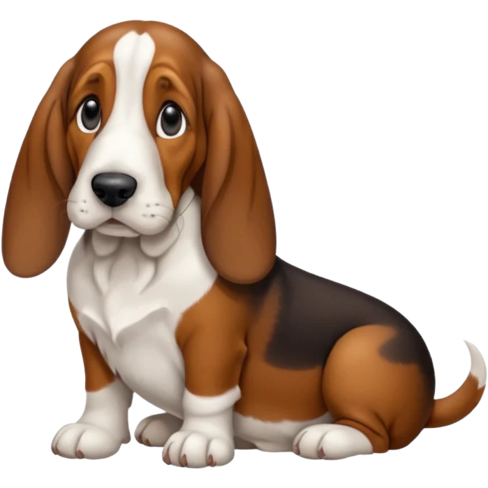 Basset hound with smaller ears, brown face black nose and ears. White belly chest and feet emoji