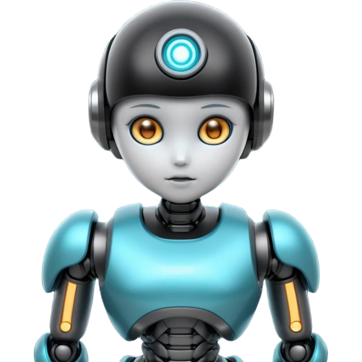 Cute futuristic chibi humanoid robot with large rounded head, glossy black and grey metal body, glowing cyan and amber eyes, visible joints, confident pose, white background, high-detail 3D render, LMX text on chest. emoji