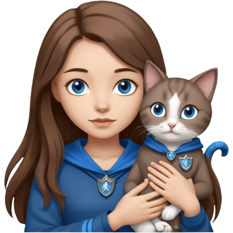 gorgeous Girl with light skin, blue eyes, long brown hair, wears a ravenclaw outfit, with a grey and white cat holding in her arms emoji