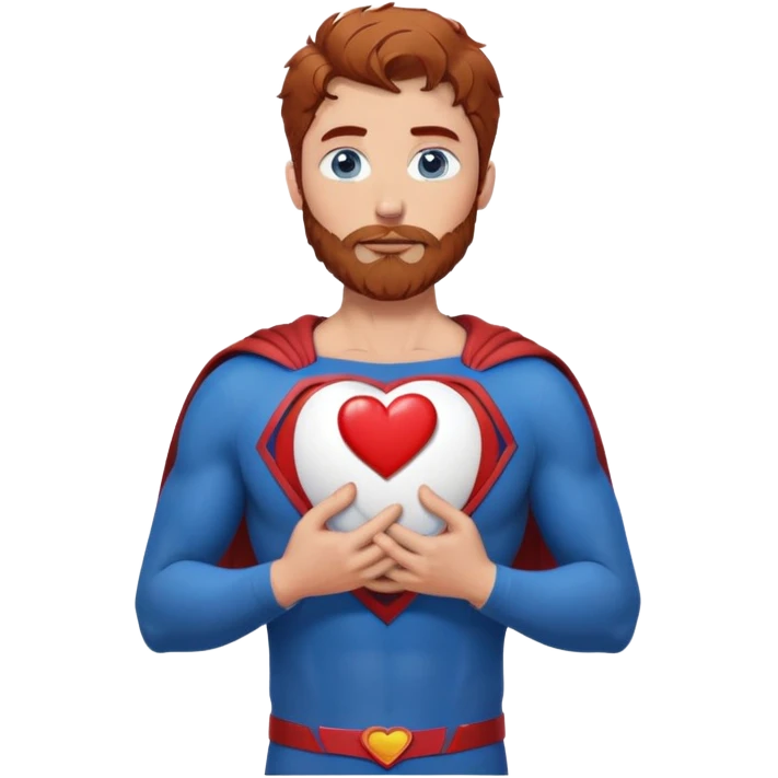 Adult-tall-full body- Superman-with redish brownish messy hair-full neatly trimmed beard-blue eyes-holding a heart with both hands on chest emoji