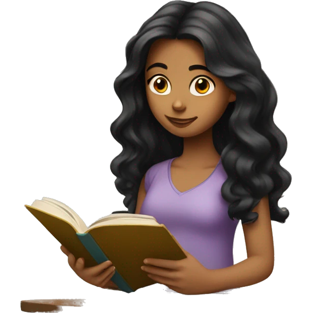 Girl with long wavy black hair reading a book  emoji