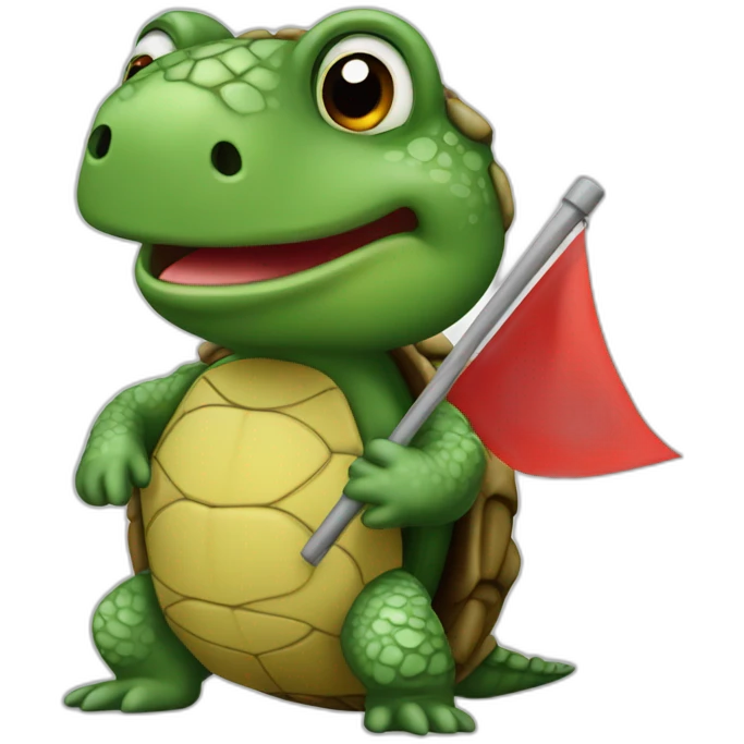 A cute green little snapping turtle with a red warning flag emoji