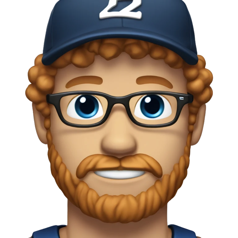 35 years old, male, short curly red hair, glasses, black baseball hat, blue eyes, pale complexion, thick beard and thin mustache emoji