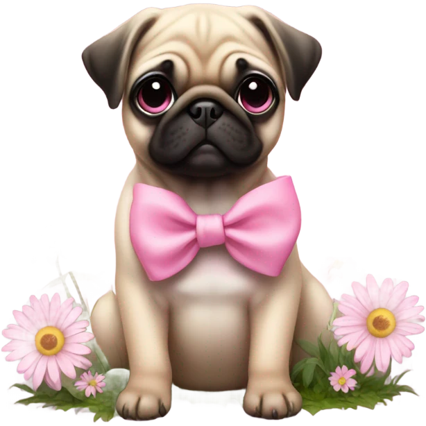 Baby pug with big pink
eyes wearing a pink bow on her head sitting in daisy's  emoji