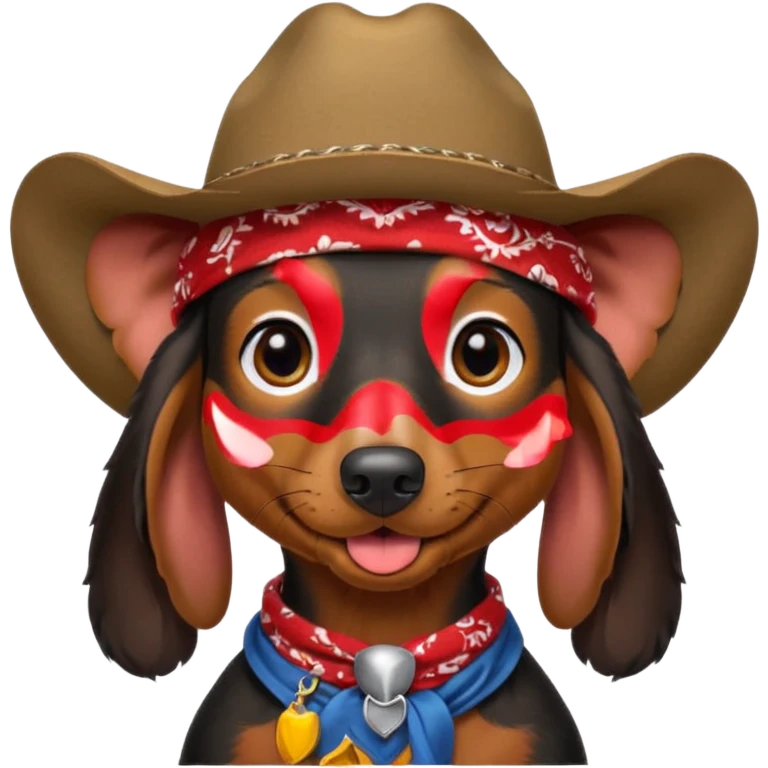 mostly black with some brown long hair daschund with a cowboy hat, ears curl out a bit and bandana and tongue slightly out emoji
