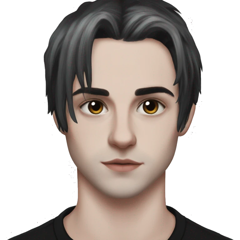 White fair skin, straight hair in a wolf haircut, black coloured hair, grundge aesthetic, beautiful face, British, stylist, aesthetic emoji