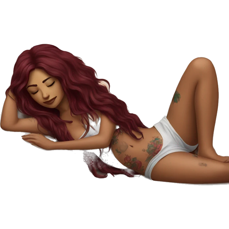 Beautiful tattooed burgundy long haired woman napping on sofa emoji