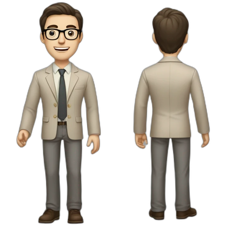 Full height Pale skinned Fit Man With dark brown hair in gray jacket, beige office shirt, tie, Brown pants and vintage glasses. Thrumbs of his palms directed up emoji