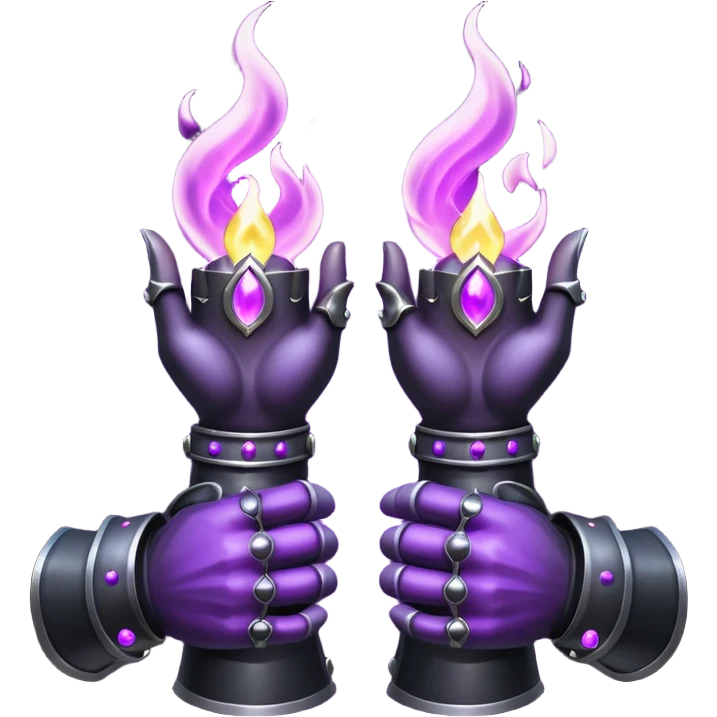 A Discord emoji of a pair of black armored gauntlets holding a flickering violet flame. The hands are positioned as if offering a gift. Dark gothic fantasy, glowing magical effects, high contrast, 2D vector style, white background. emoji