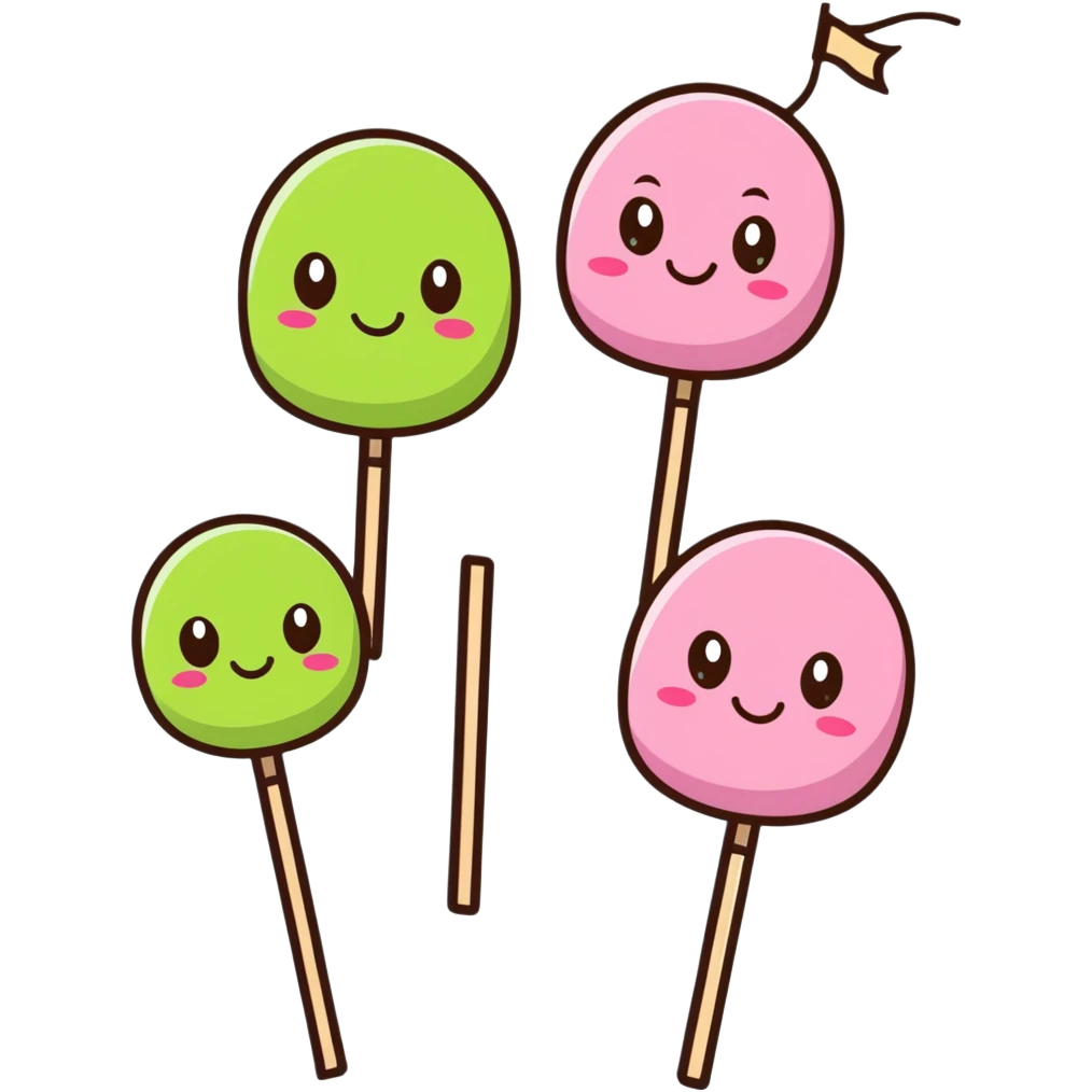 Cute kawaii Japanese dango with happy face, three colorful rice balls on a stick with pink, white, and green colors emoji