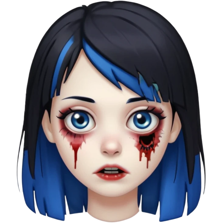 faça uma menina zumbi bonita com um cabelo liso, franja e que metade da franja seja azul e o a outra metade e resto do cabelo sejam pretos emoji