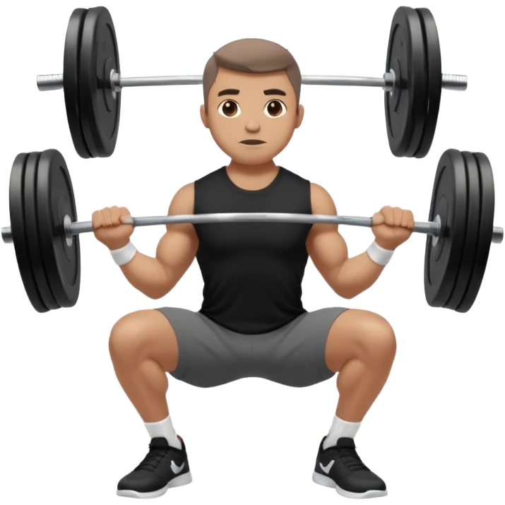 Hombre vestido con playera negra, pants gris y tenis blancos tipo jordan haciendo sentadilla libre con barra con un disco de 20 kilos por lado  emoji