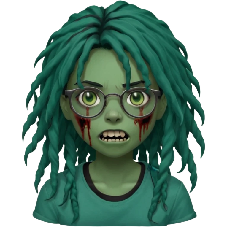 One girl greenskinned, zombie with glasses, with ombre black roots, dark teal long locks & side bang of her locs that fall over slightly covering the right eye, a sinister expression w/ the mouth open, teeth showing, and the jaw uneven. with a small wound near its mouth, her locks curly, black shirt emoji