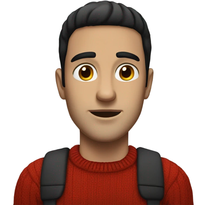 A white man with black hair and hazel eyes and a red jumper emoji