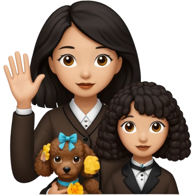 Asia tie up hair girl with brown poodle say good bye emoji
