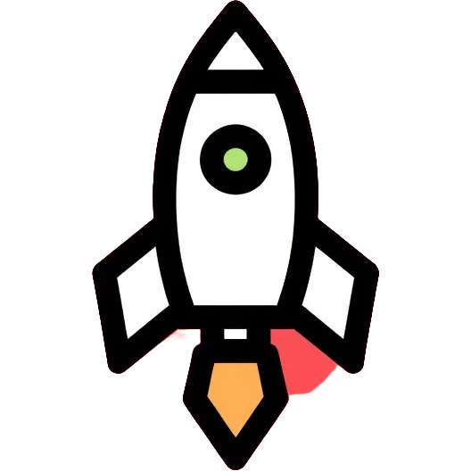 red circular button with rocket ship logo emoji
