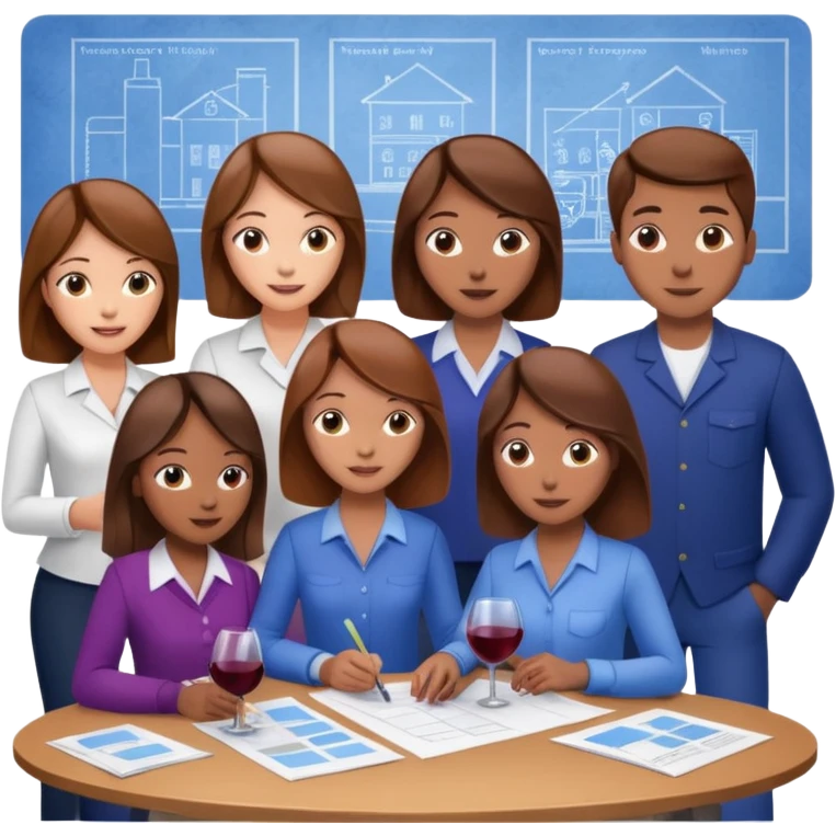Make a photo of 5 project managers, specifically 3 girls with brown hair and 2 boys, that are making project for improvement of the winery emoji