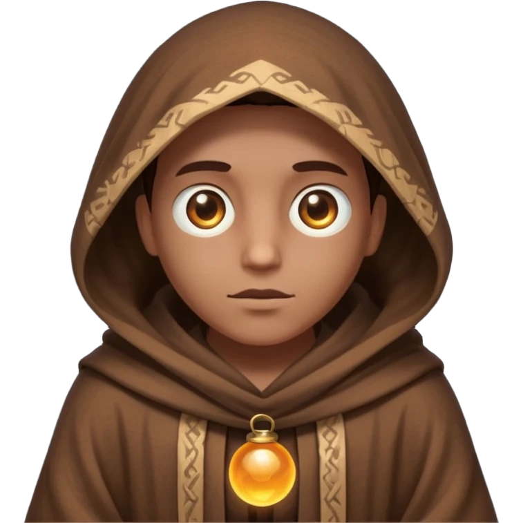 Coarse, hand-woven brown robes with deep,  shadowed cowls  with A dark, light-absorbing void within the hood where only two glowing yellow or orange eyes are visible. In AI generation, specify "glowing orb-like eyes" or "beady luminous eyes". emoji