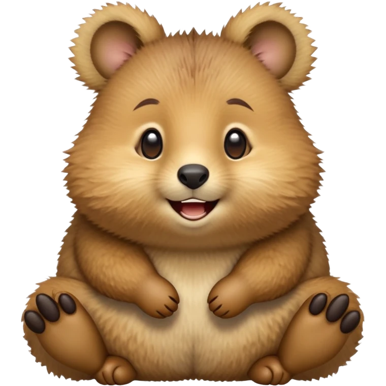 cinematic-quokka-realistic-emoji,-small-round-frame-balanced-on-tiny-strong-hind-legs,giant-fluffy-cheeks-large-smile-fluffy-brown-fur-radiating-a-warm-softness,-big-round-eyes-filled-with-joy, realistic emoji zoomed in emoji