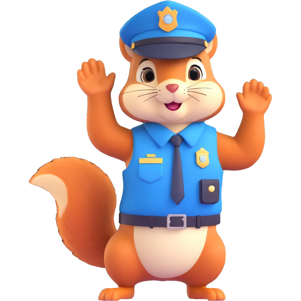 a cute squirrel police officer, saluting, wearing a police cap and vest, cheerful emoji