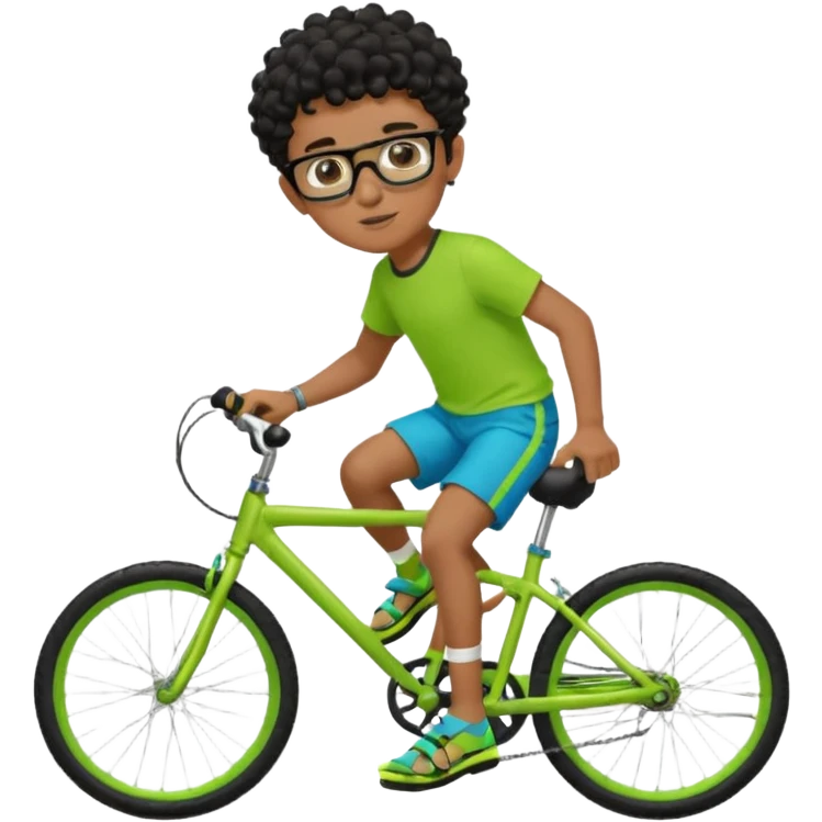 Menino pardo com cabelo curto cacheado preto raspado dos lados, de óculos preto quadrado e blusa verde e amarela bermuda preta e chinelo azul andando de biblicleta verde neon emoji