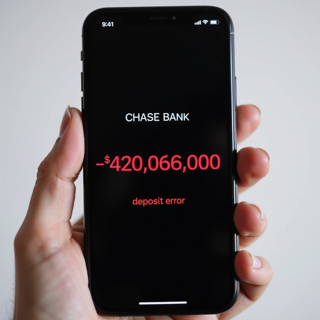 a iphone screenshot showing a chase bank balance of -$420,069,000, "deposit error" the numbers are shown in red, indicating a negative balance emoji
