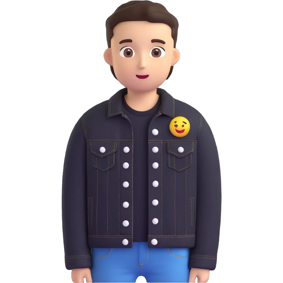 Change the boy's outfit to a black denim jacket with white buttons, keeping the 3D emoji style unchanged. emoji
