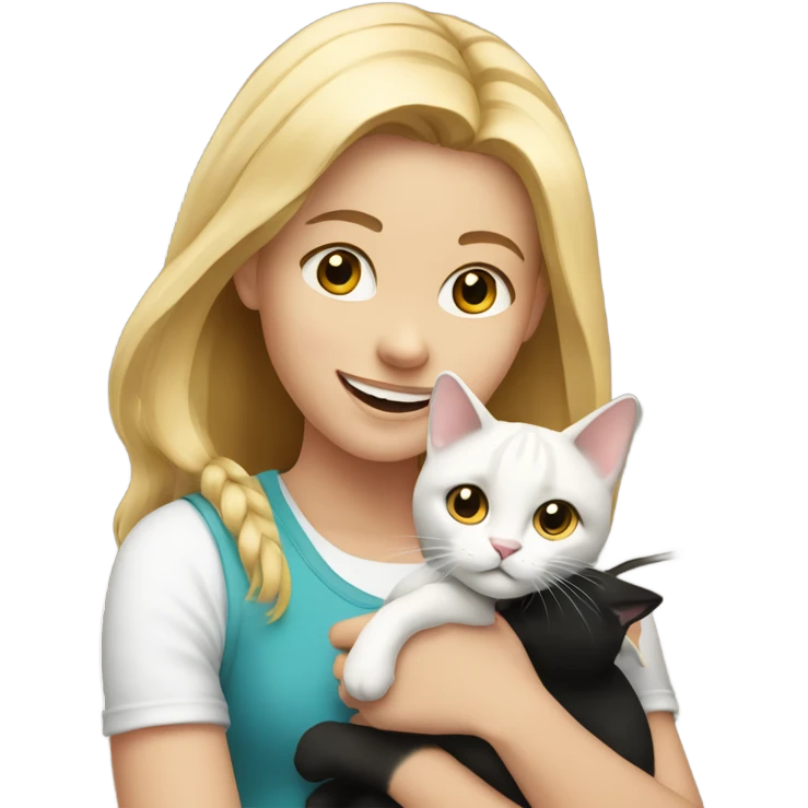 Blonde smiling girl holding a black and white cat indoors emoji