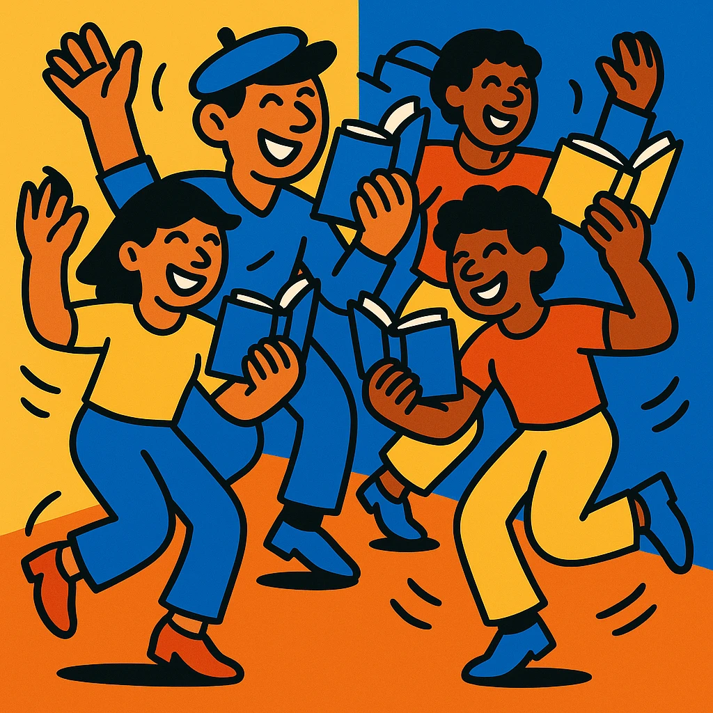 Group dance with multiple people dancing and reading books, dynamic movement, cheerful mood, vibrant and playful style emoji