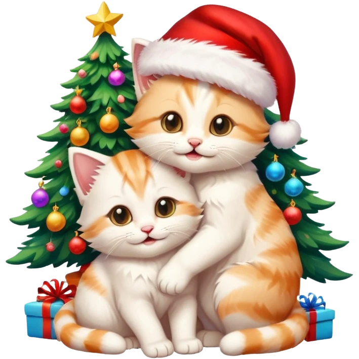 two hugging cream and white happy fluffy cute smiling kittens with Santa hats by a colorful multicolored brightly lit up Christmas tree emoji