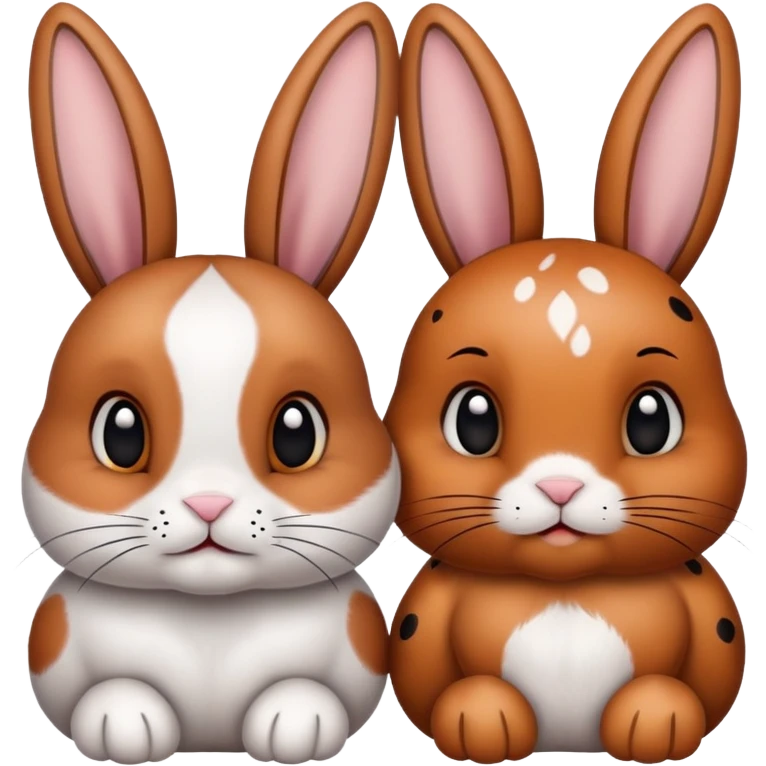 2 bunnies, 1 with brown and black spotted ears 1 with one split ginger and black ear and one spotted emoji